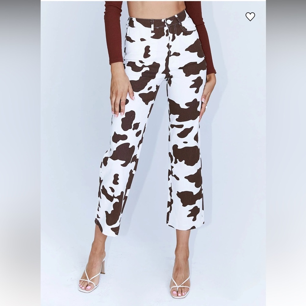 Princess Polly Be Wild Pants White and Brown Cow Print Size 2